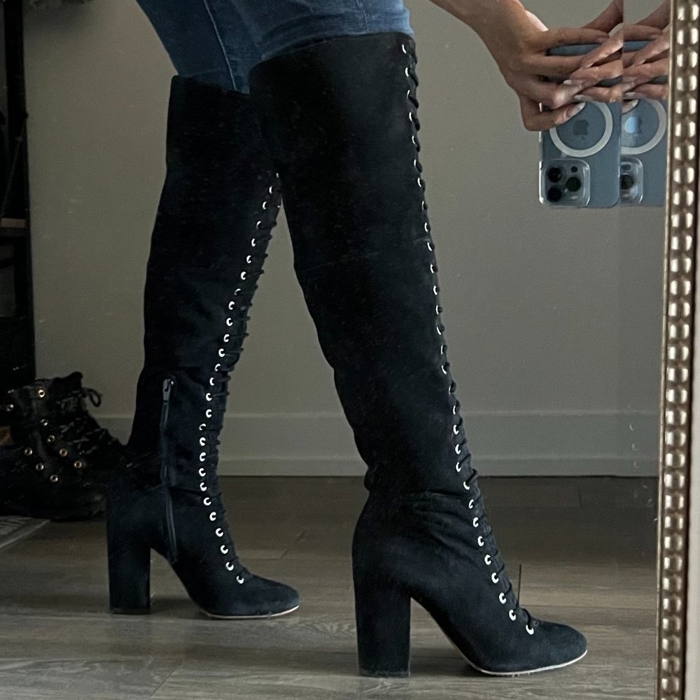 Gorgeous Lace Detail Black Suede Boots